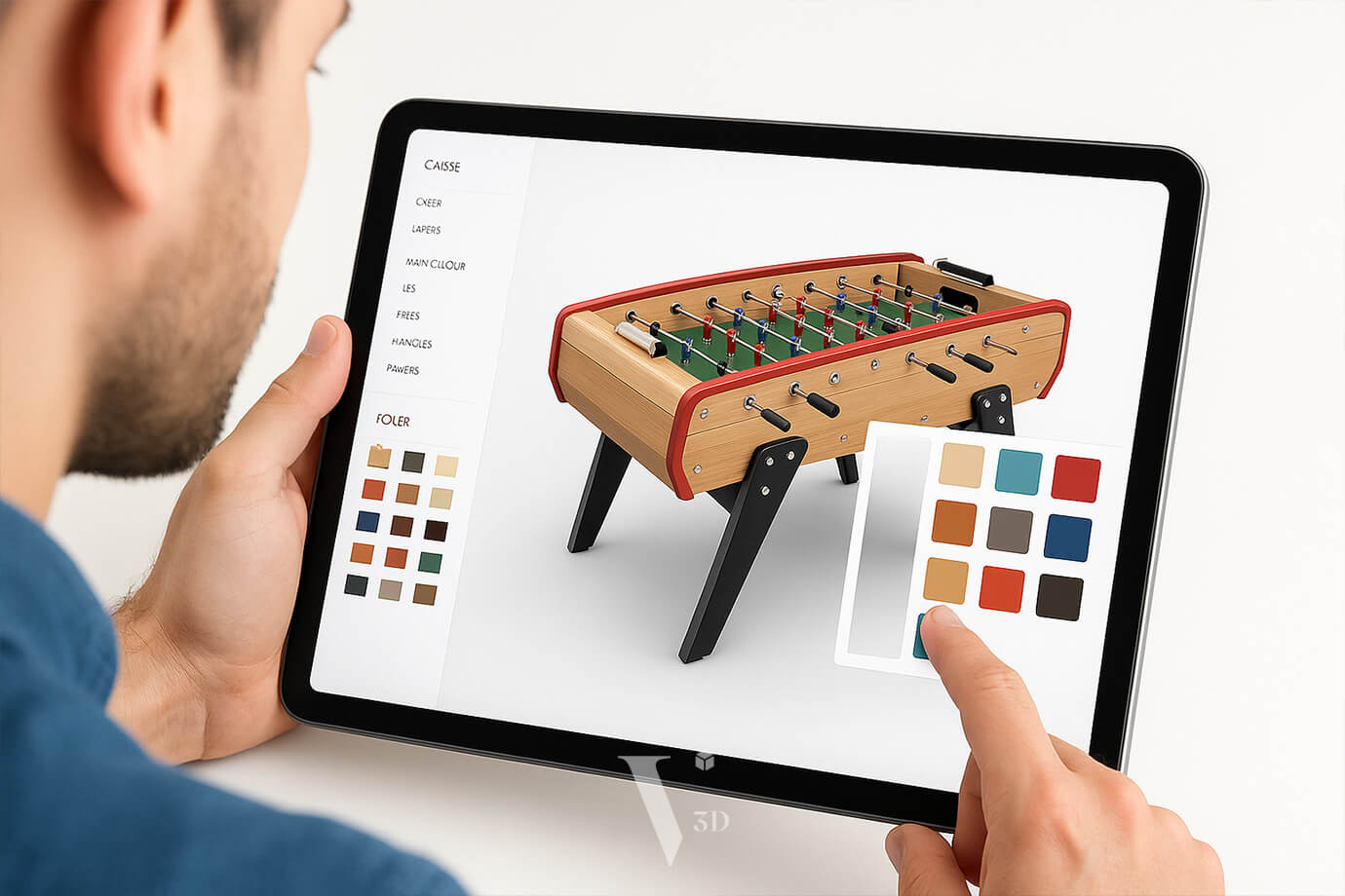 Foosball table customization interface with color and logo options